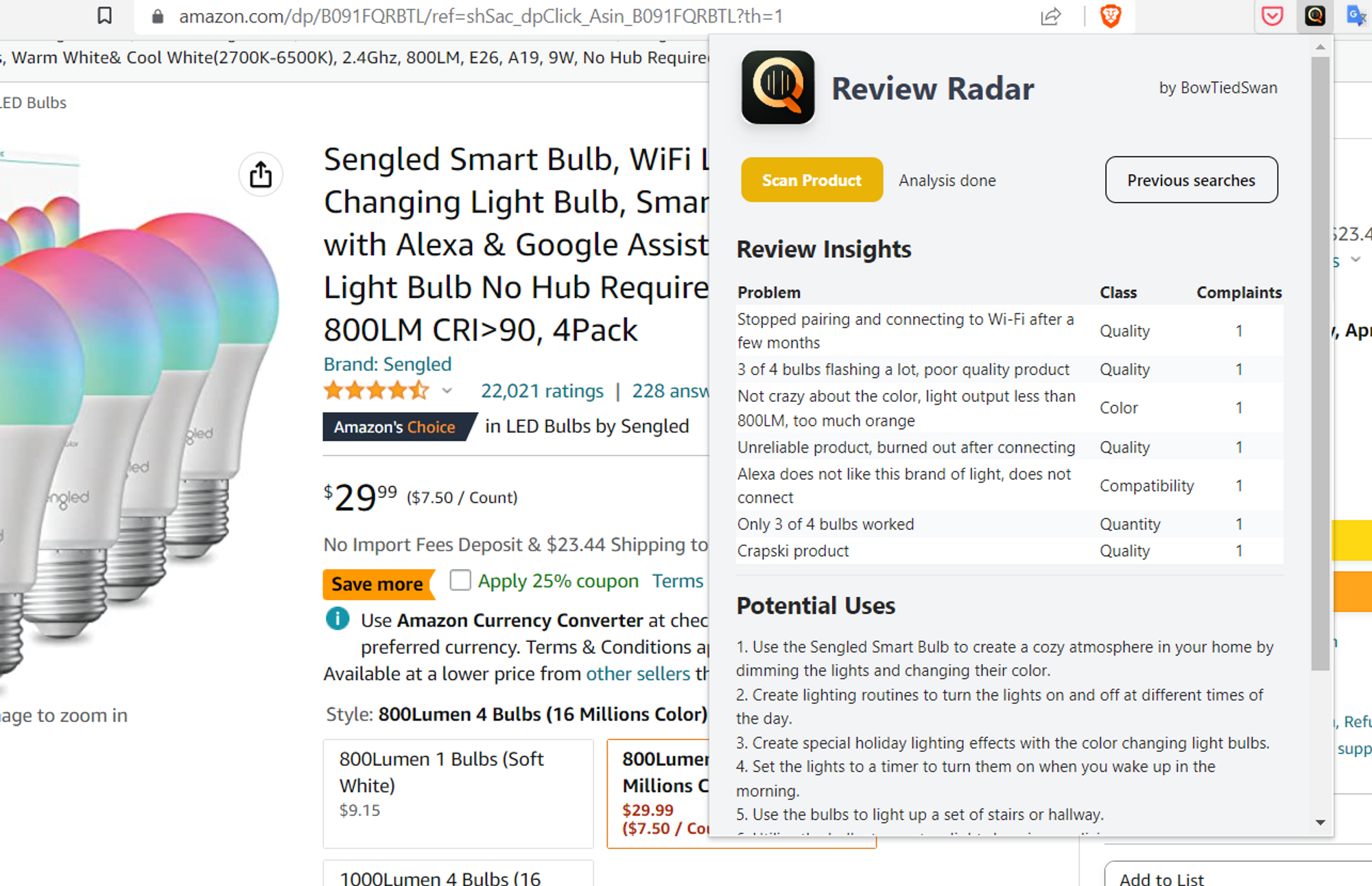 screenshot of Review Radar chrome extension