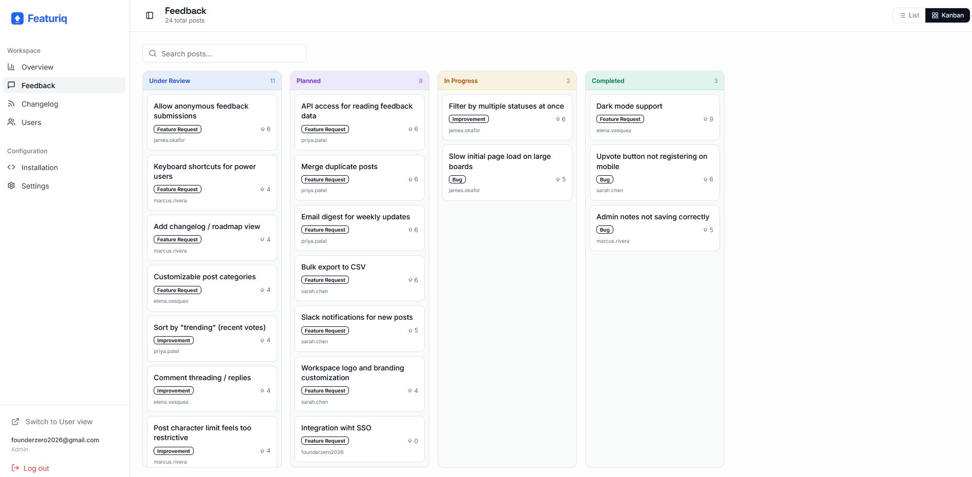 Featuriq kanban board with feature requests organized into Planned, In Progress, and Completed columns