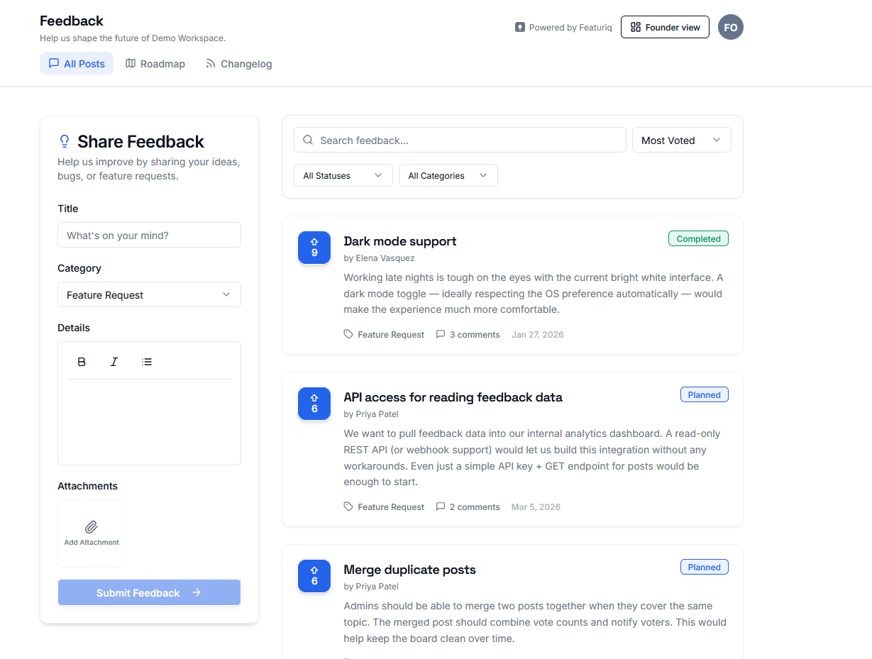 Featuriq public feedback board where users can submit and upvote feature requests